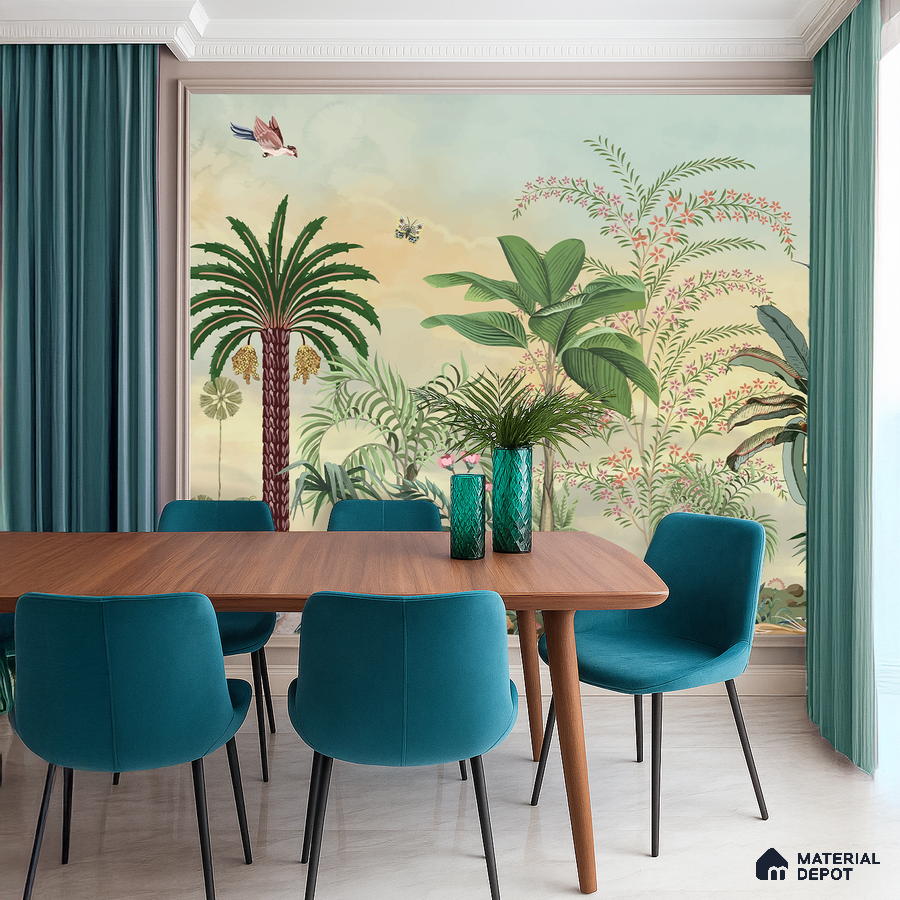 Eclectic dining room with tropical wallpaper, teal upholstery, and wooden dining table in Bengaluru