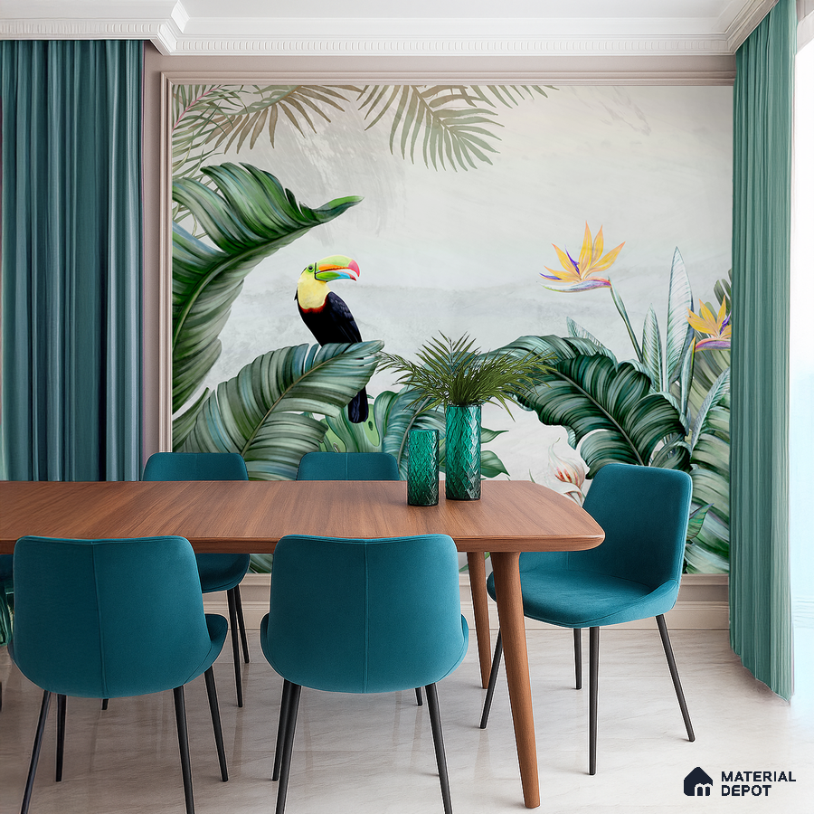 Eclectic dining room with tropical wallpaper, teal upholstery, and wooden dining table in Bengaluru