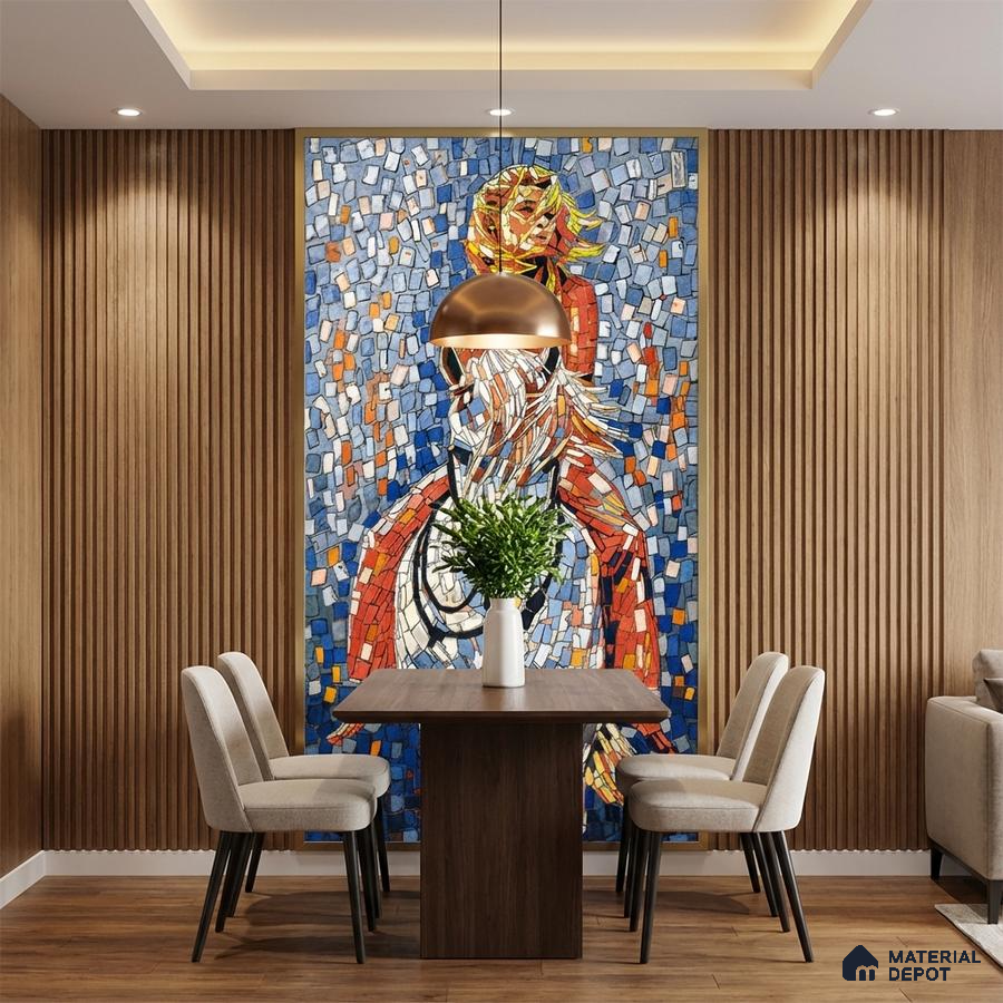 Eclectic dining room with wood fluted wall panels and colorful mosaic accent wall