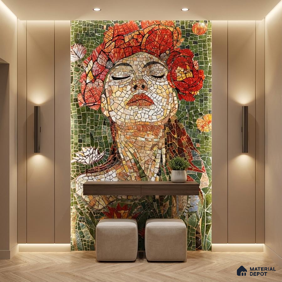 Eclectic foyer with mosaic floral art wall, beige wall panels, and wooden console