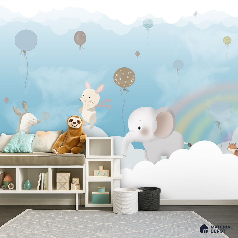 Eclectic kids room with animal print wallpaper, pastel blue clouds, and playful decor in Bengaluru
