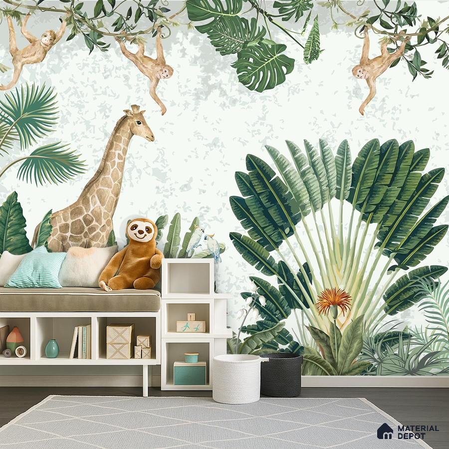 Eclectic kids room with jungle-themed tropical wallpaper and white storage unit in Bengaluru
