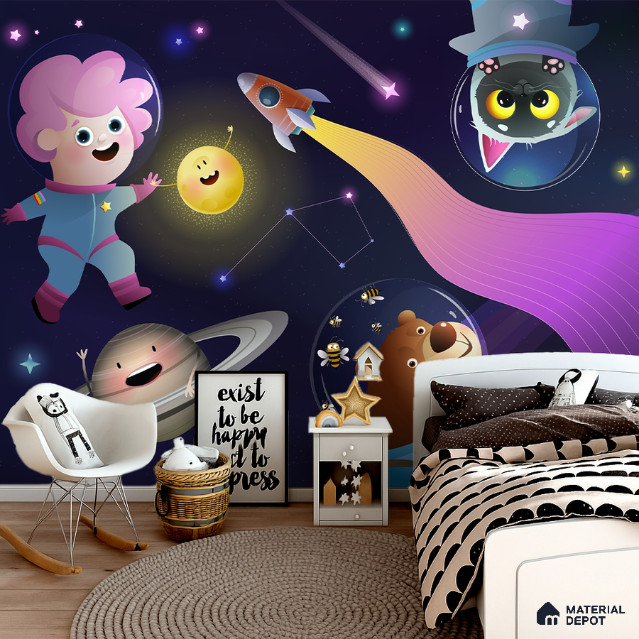 Eclectic kids room with space-themed cartoon wallpaper and light wood flooring in Bengaluru
