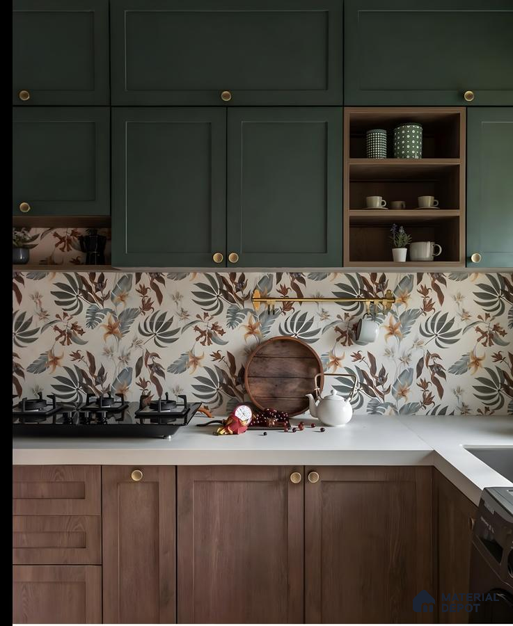 Eclectic Kitchen With Forest Green And Walnut Cabinets, Paired With A Tropical Floral Backsplash And Brass Accents | Material Depot