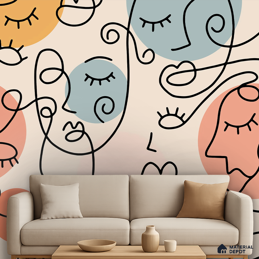 Eclectic living room with abstract line art wallpaper and beige fabric sofa in Bengaluru