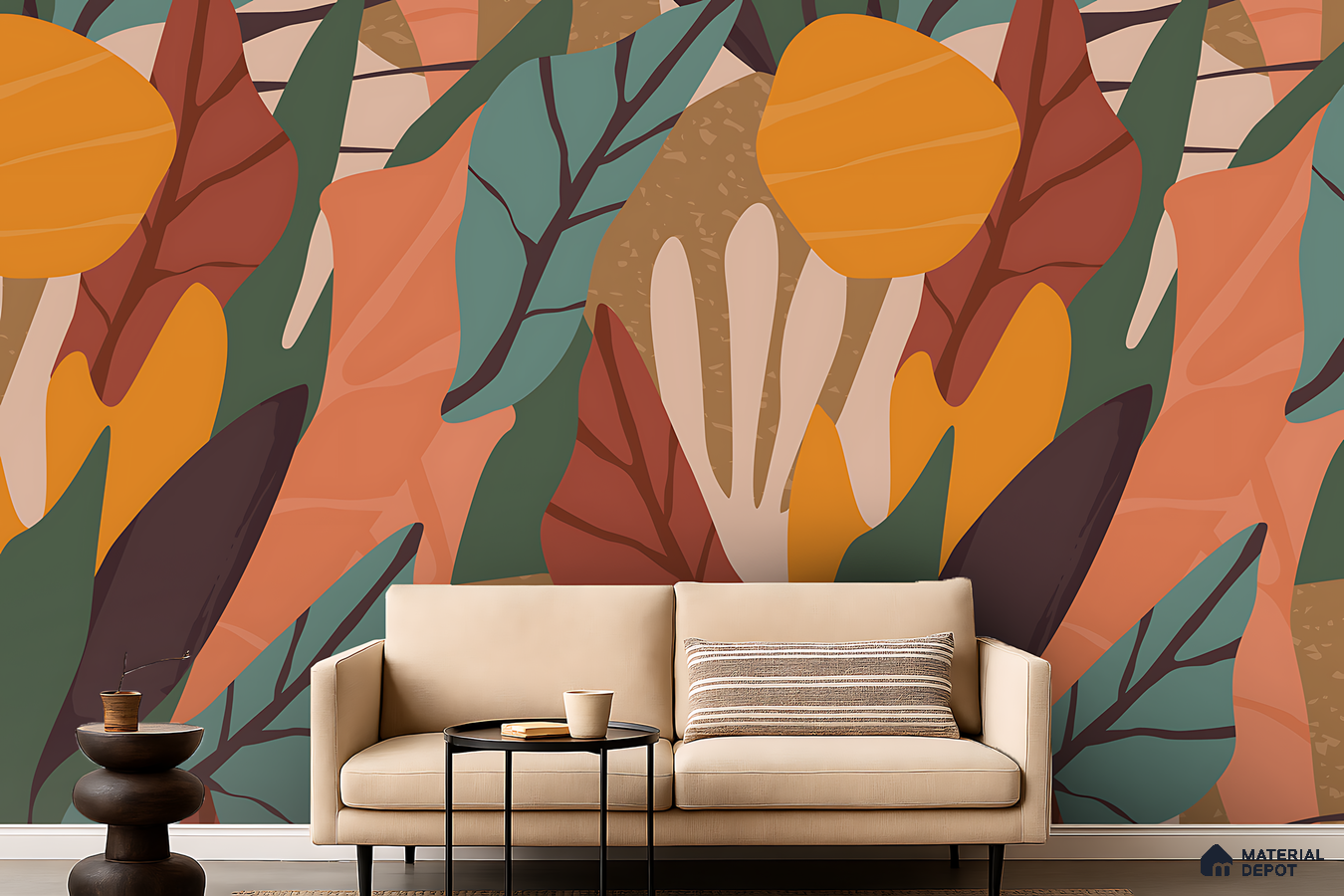 Eclectic living room with bold abstract tropical wallpaper and beige fabric sofa in Bengaluru