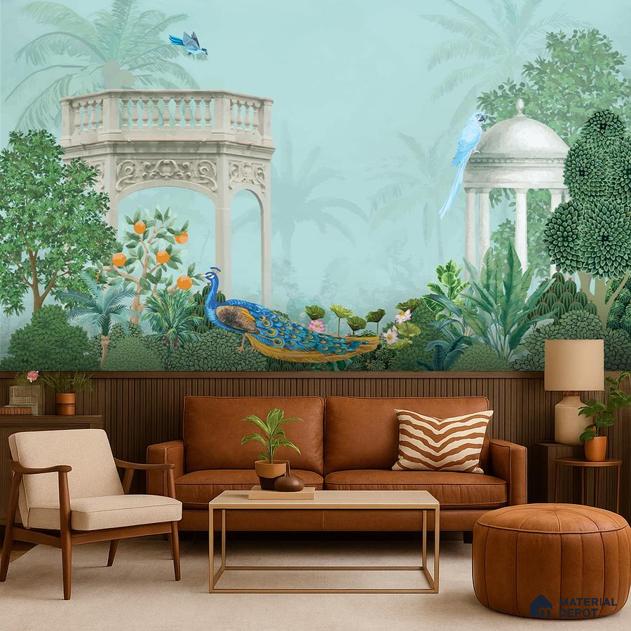 Eclectic living room with chinoiserie peacock wallpaper and tan leather sofa in Bengaluru