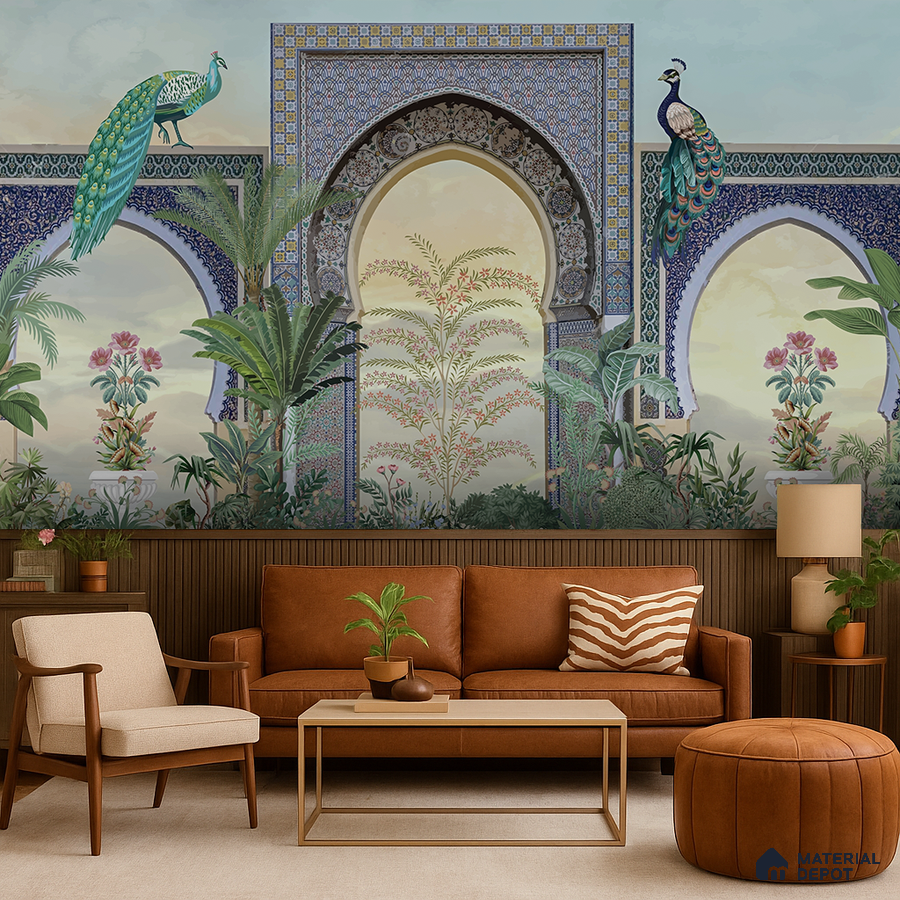 Eclectic living room with chinoiserie wallpaper, brown leather sofa, and wooden louver wall panels in Bengaluru