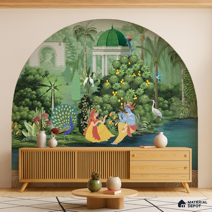 Eclectic living room with Indian mural wallpaper and natural wood fluted console in Bengaluru