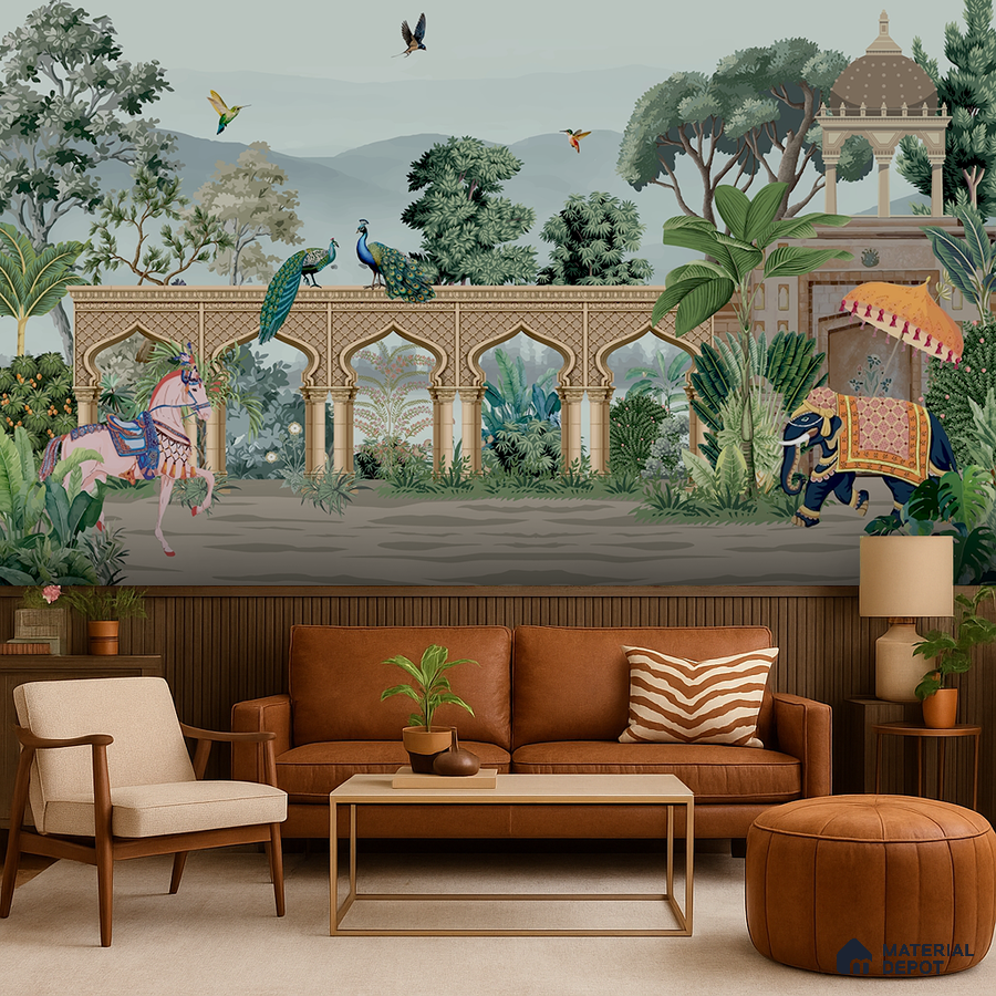 Eclectic living room with Indian mural wallpaper and walnut wood panelling in Bengaluru