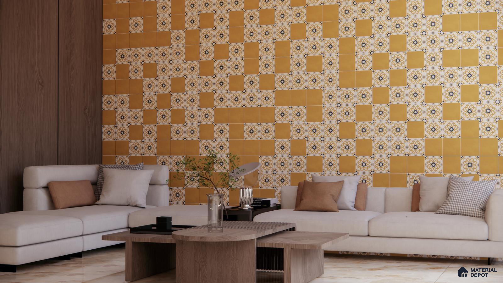 Eclectic Living Room with Mustard and Patterned Accent Tile Wall | Material Depot
