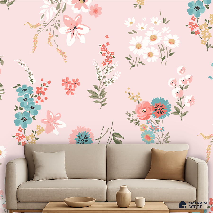 Eclectic living room with pastel floral wallpaper and beige fabric sofa in Bengaluru
