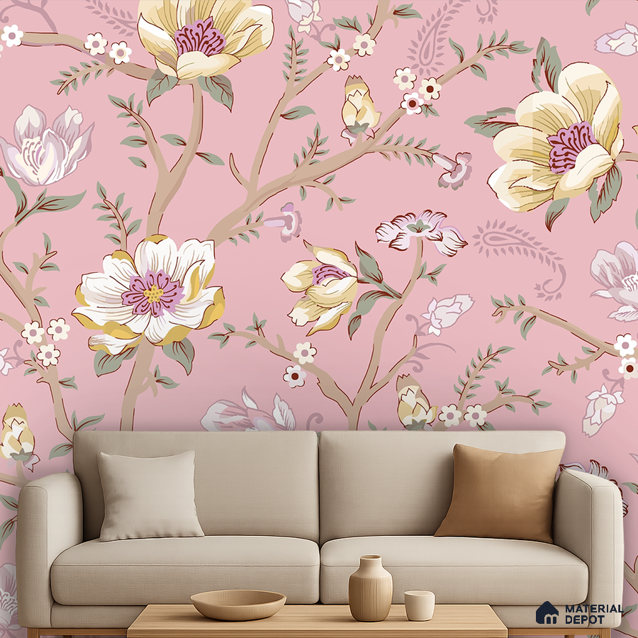 Eclectic living room with pink floral wallpaper and beige fabric sofa in Bengaluru