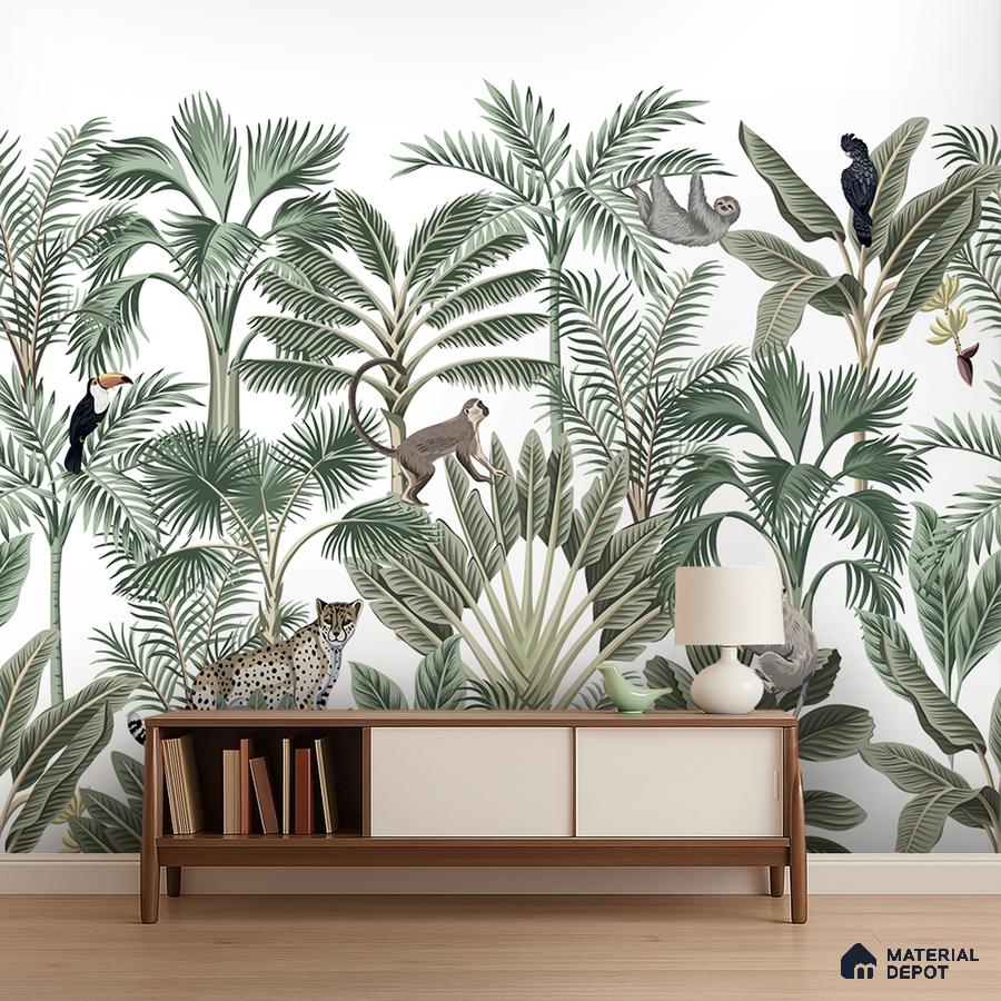 Eclectic living room with tropical animal print wallpaper and mid-century modern console in Bengaluru
