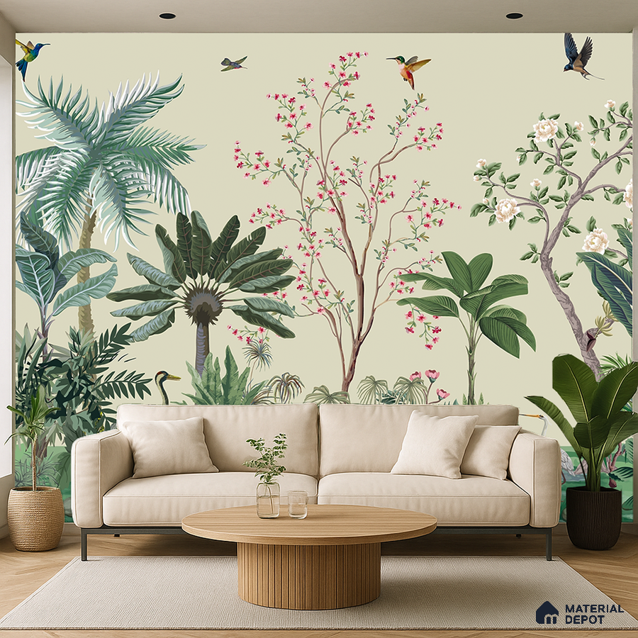 Eclectic living room with tropical nature wallpaper and beige fabric sofa in Bengaluru
