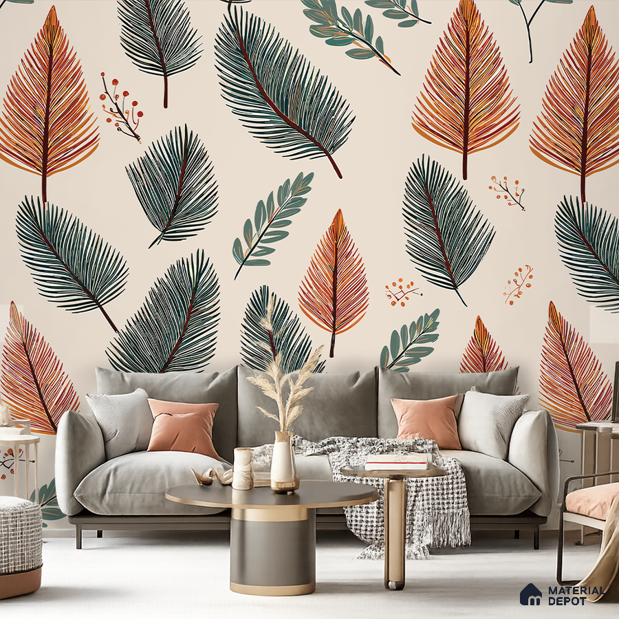 Eclectic living room with tropical patterned wallpaper and beige suede sofa in Bengaluru