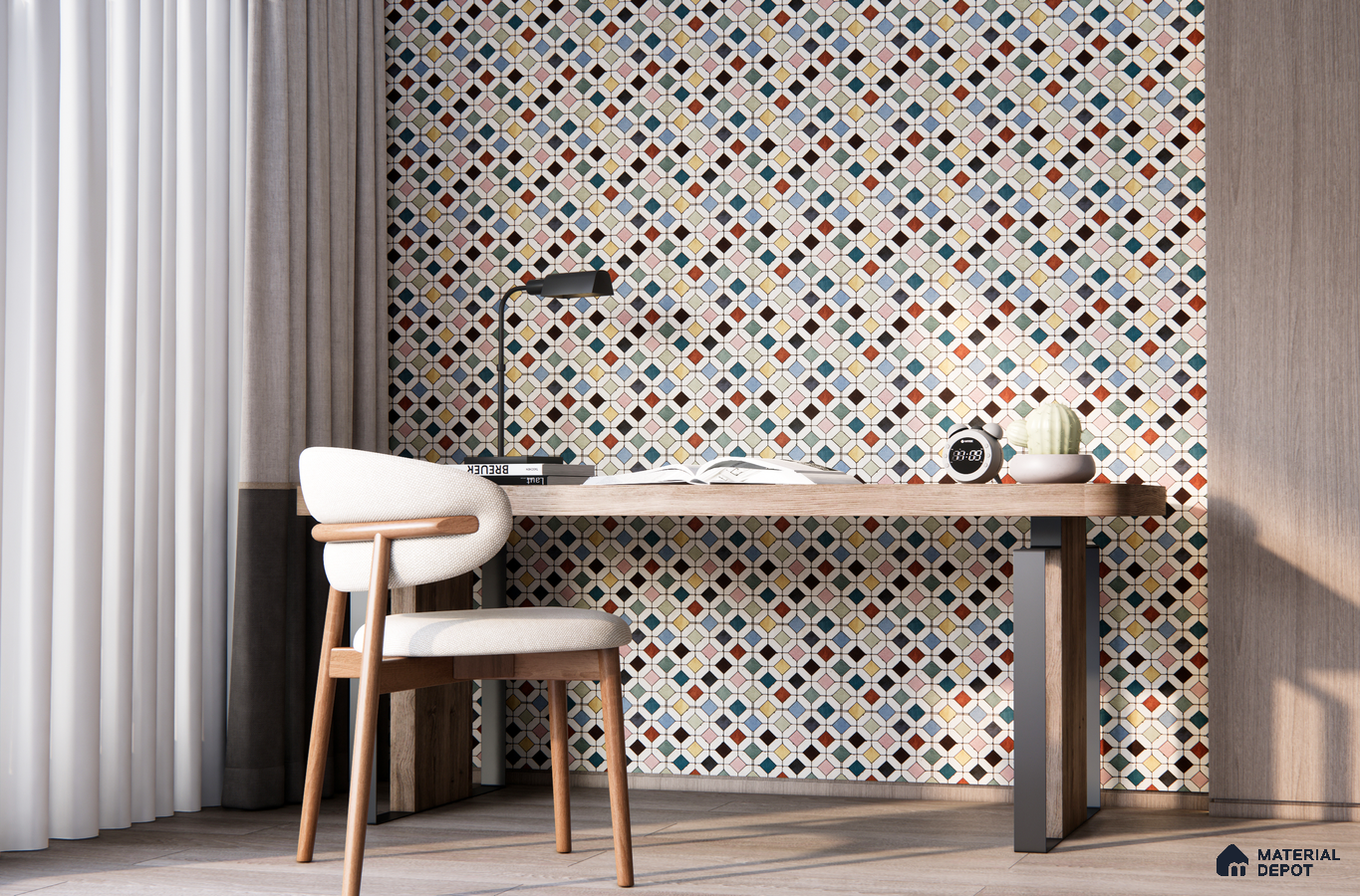 Eclectic Mosaic Tile Study Nook with Warm Wood Accents | Material Depot