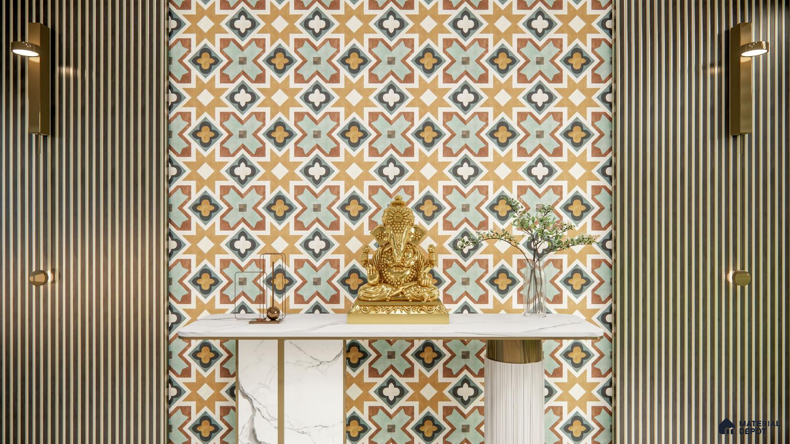 Eclectic Pooja Room with Patterned Tiles and Gold Accents | Material Depot