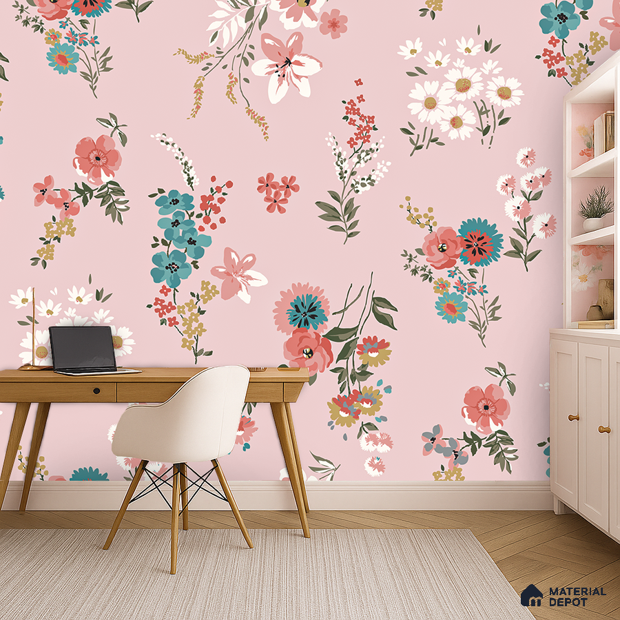 Eclectic study room with pink floral wallpaper and light wood desk in Bengaluru