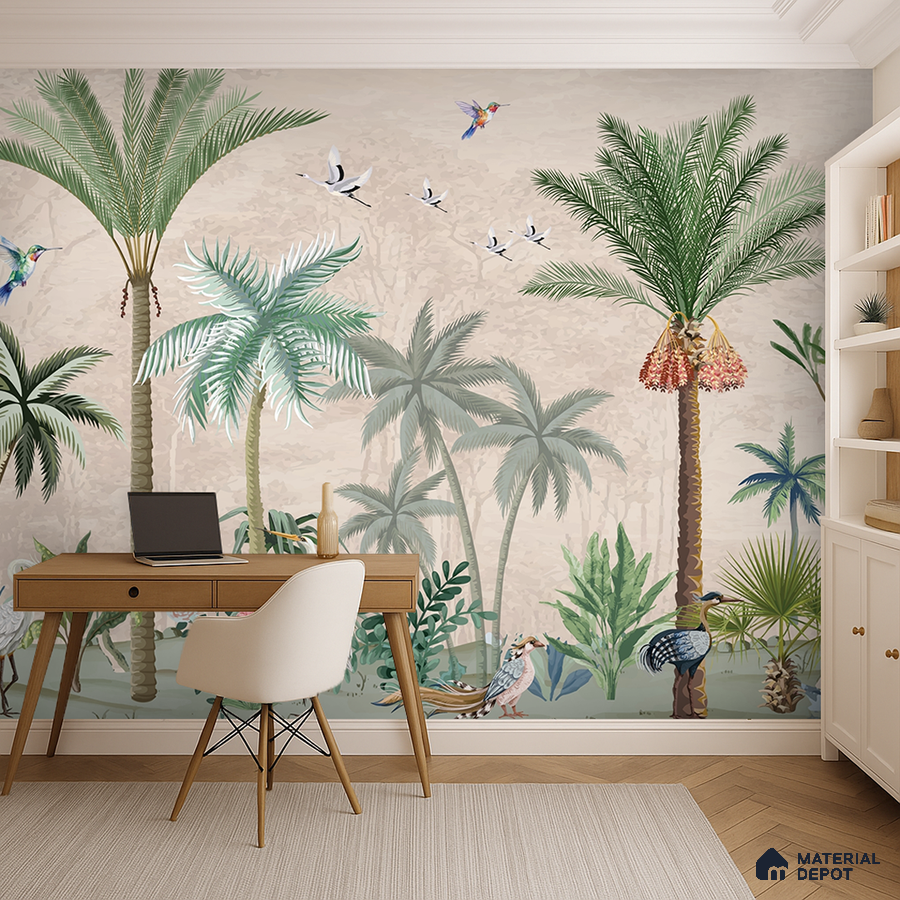 Eclectic study room with tropical wallpaper and light wood desk in Bengaluru