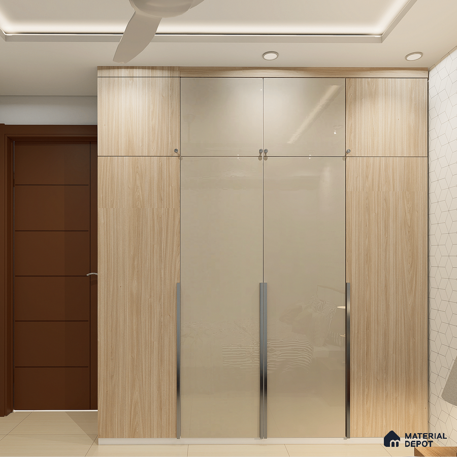 Compact wardrobe with wooden accents, drawers, and chrome handles, offering efficient and stylish storage.