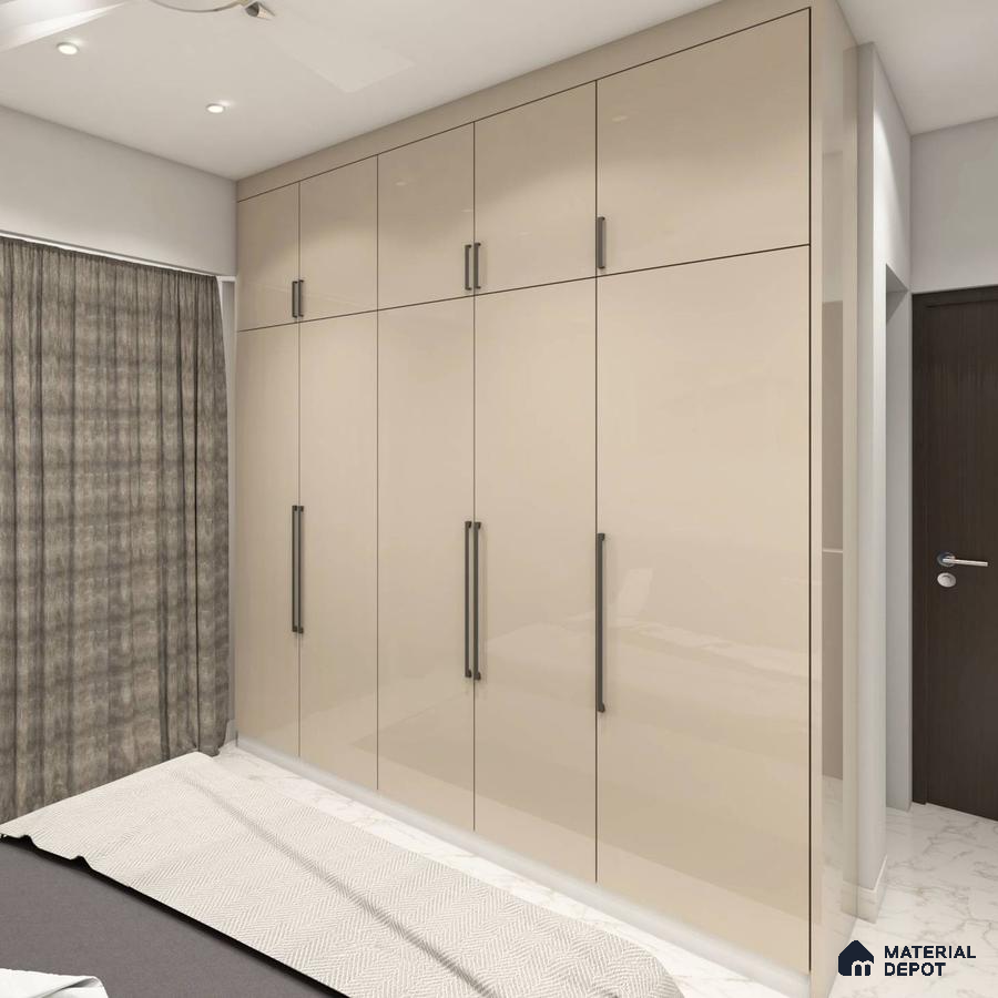 Room with a beige wardrobe and loft storage, adorned with designer curtains in a serene beige and white color scheme.