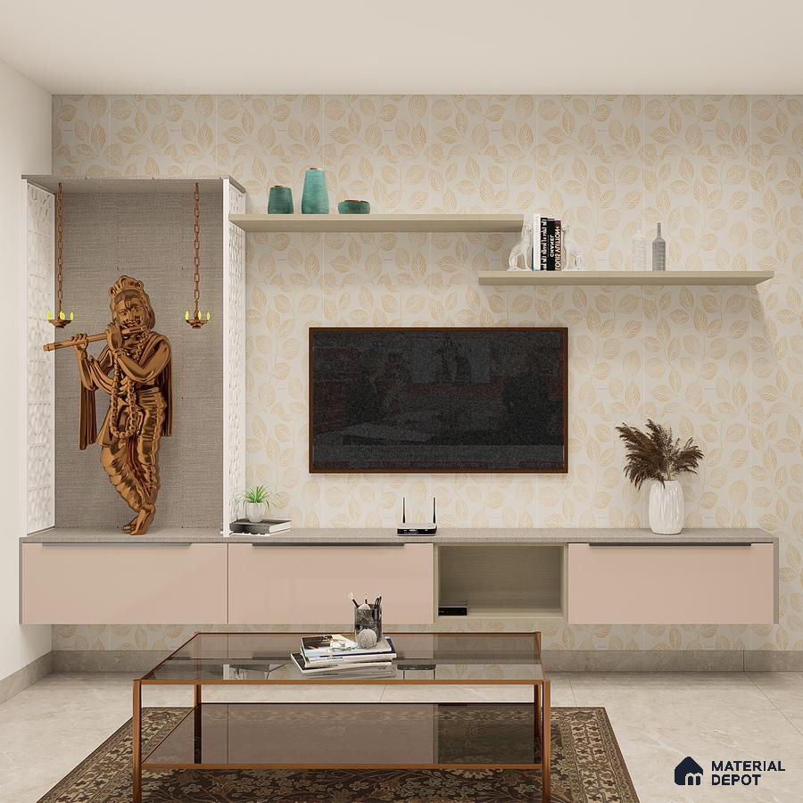 Modern TV unit with integrated Pooja space: Effortless elegance that harmonizes style and functionality in contemporary living.