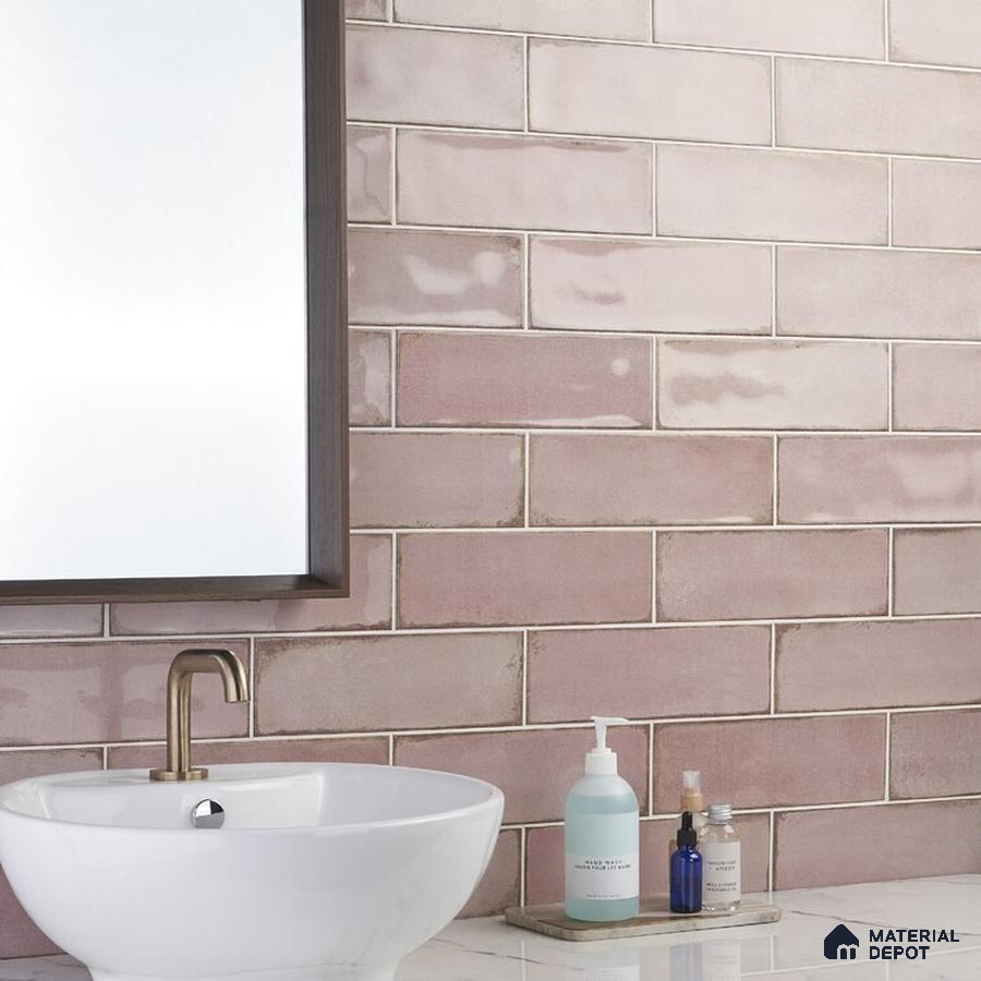 Elegance in Pink Reflective Tiles and White Serenity in Bathroom | Material Depot