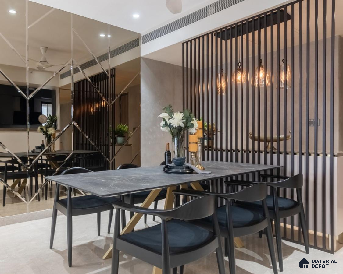 Modern 6-seater dining with sleek black chairs, showcasing a dark aesthetic for a stylish and sophisticated ambiance