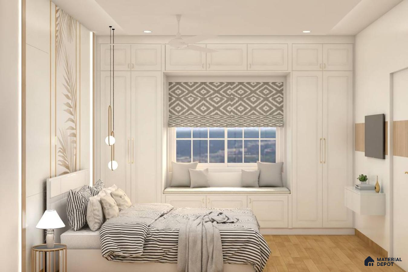 A modern white master bedroom with royal undertones, featuring a white theme with a hint of blue, a printed blanket, and a small lamp, offering a serene and inviting space for relaxation