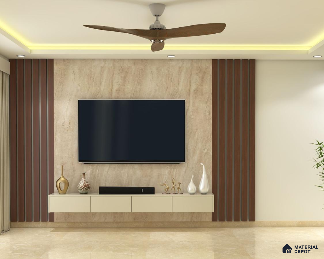 Modern TV unit with wooden fluted panels.