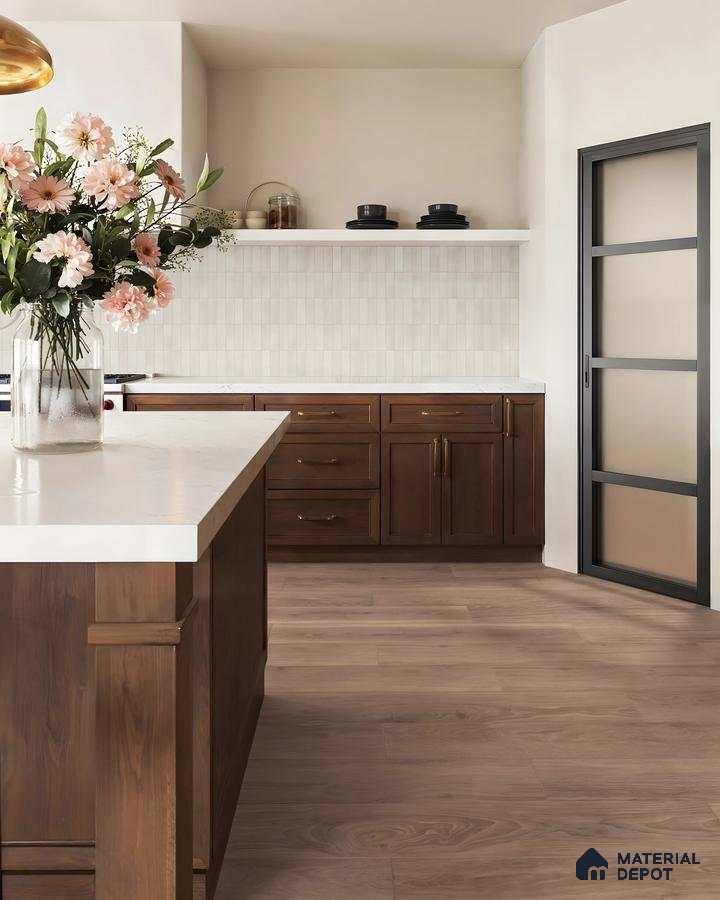 Elegant and Functional Kitchen Design with White Subway Backsplash and Statement Range Hood Pashmina Lagoon Residences KR Puram | Material Depot