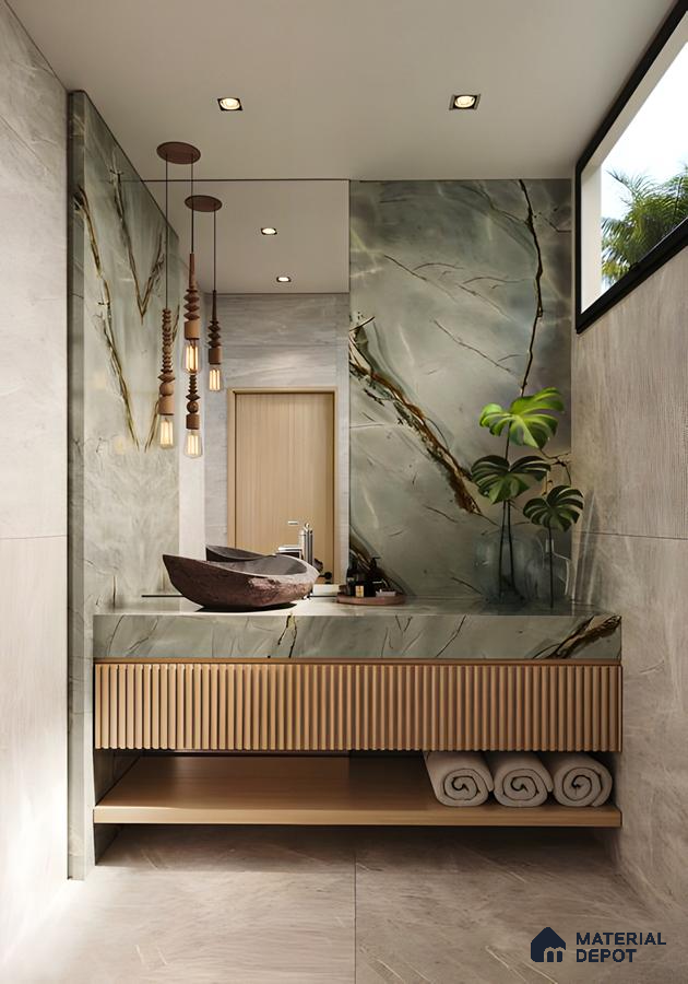 Elegant and Serene Bathroom Design Featuring Calming Green Accents and Luxurious Textures | Material Depot