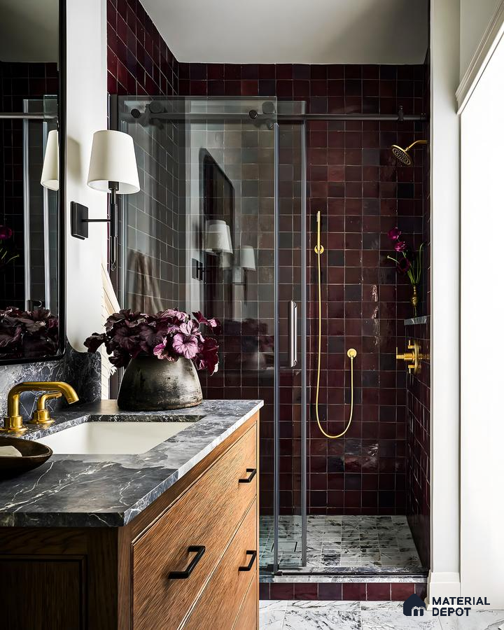 Elegant Bathroom Oasis with Dark Tile Shower and Rich Wood Accents | Material Depot