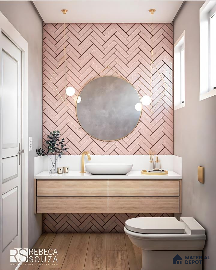 Elegant Bathroom Vanity with Pink Herringbone Tiles | Material Depot