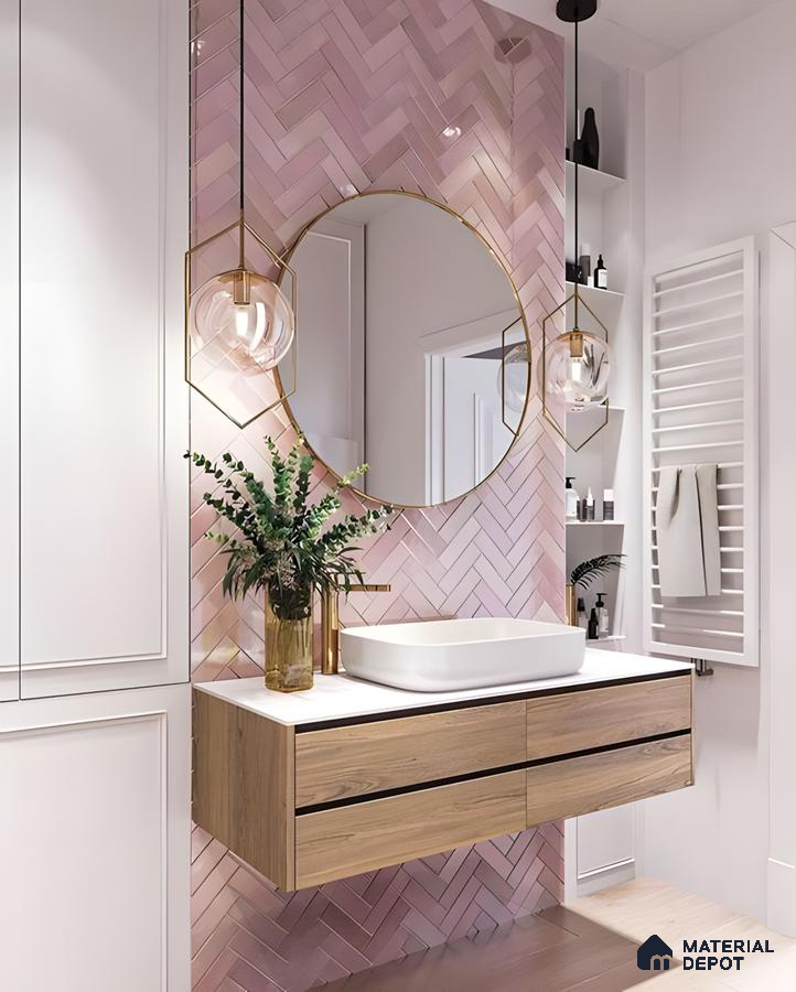 Elegant Bathroom Vanity with Pink Herringbone Tiles | Material Depot