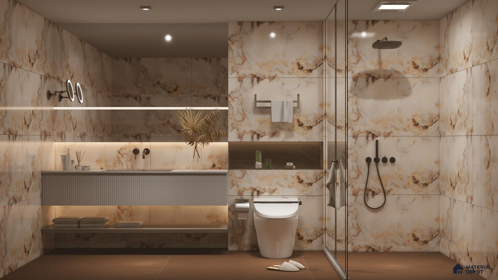 Elegant Bathroom with Beige and Gold Marble Accents | Material Depot