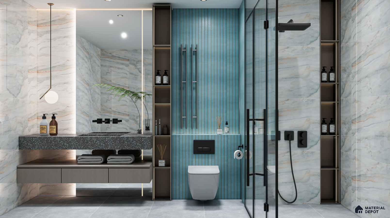 Elegant Bathroom with Blue Fluted Accent Wall and Marble Tiles | Material Depot