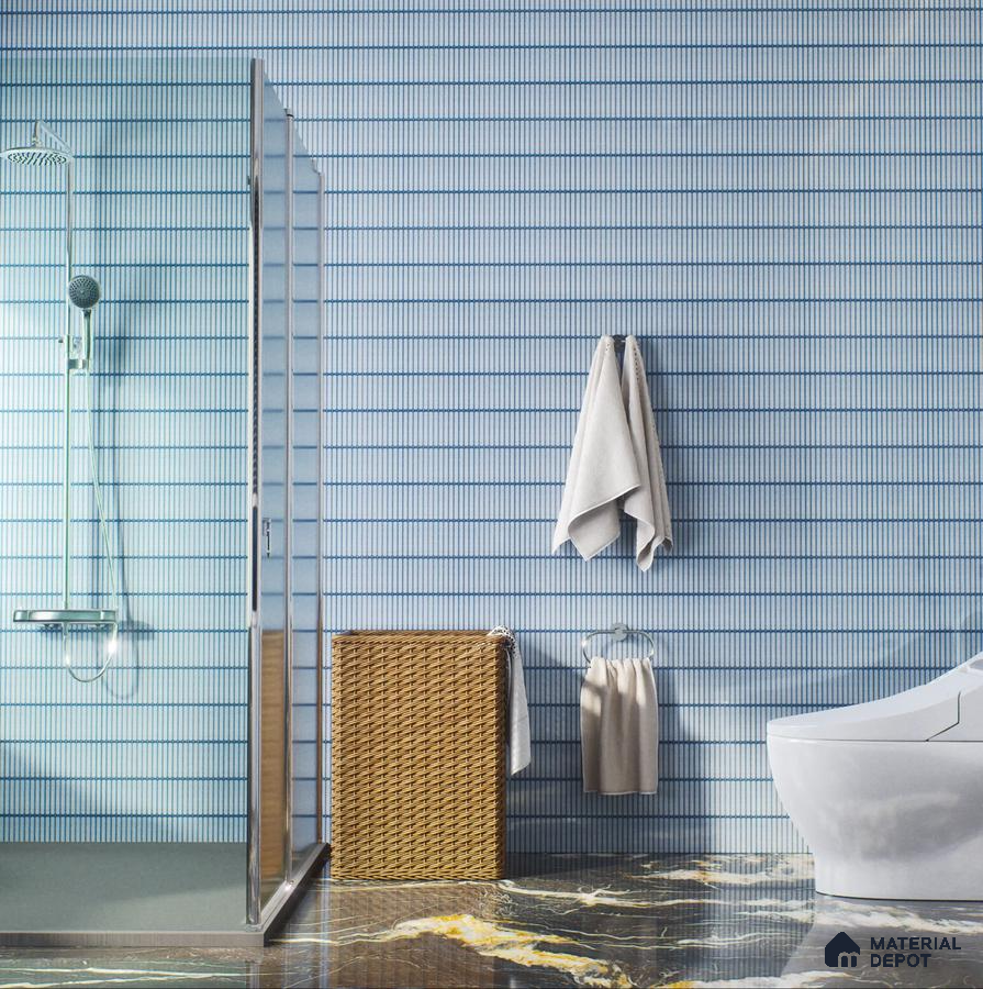Elegant Bathroom with Blue Textured Tiles and Marble Floor | Material Depot