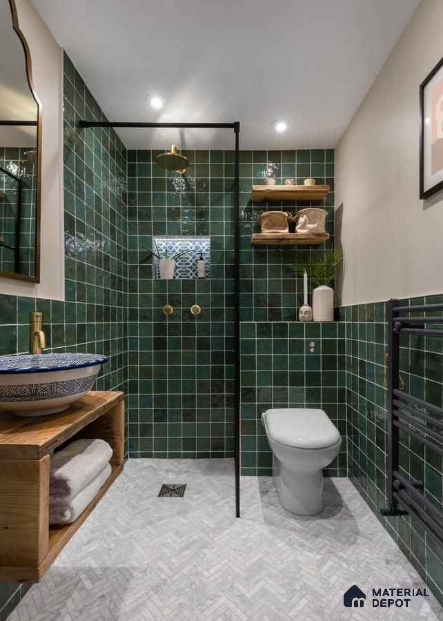 Elegant Bathroom with Green Tiles and Rustic Wooden Accents | Material Depot