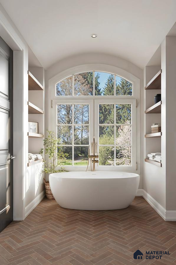 Elegant Bathroom Design with Herringbone Tiles Floor Assetz Canvas & Cove Begur Road | Material Depot