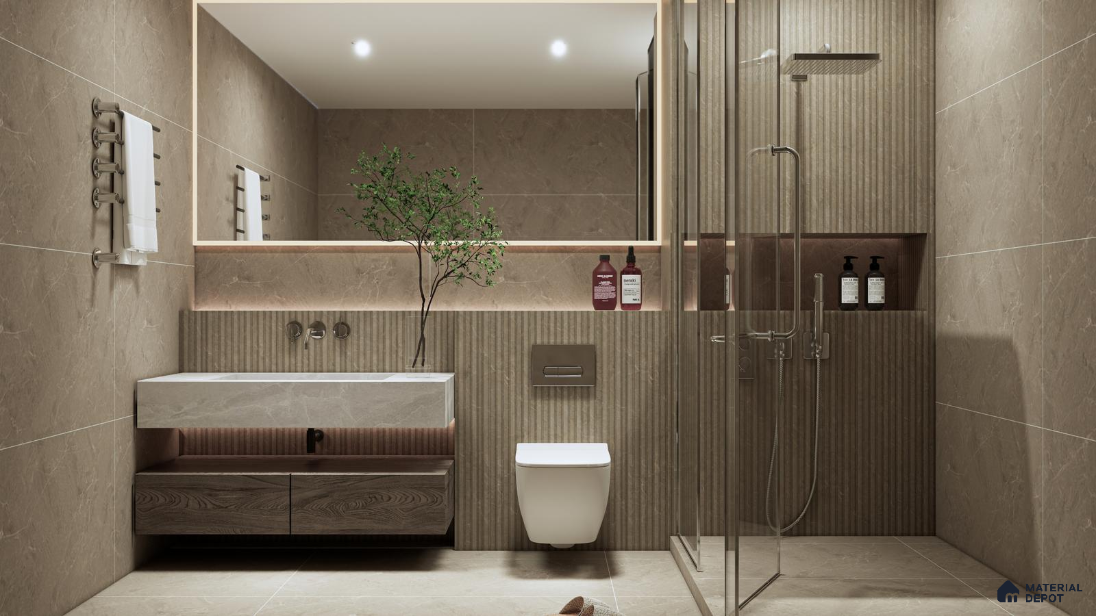 Elegant Bathroom with Punch Texture and Marble Look Tiles | Material Depot