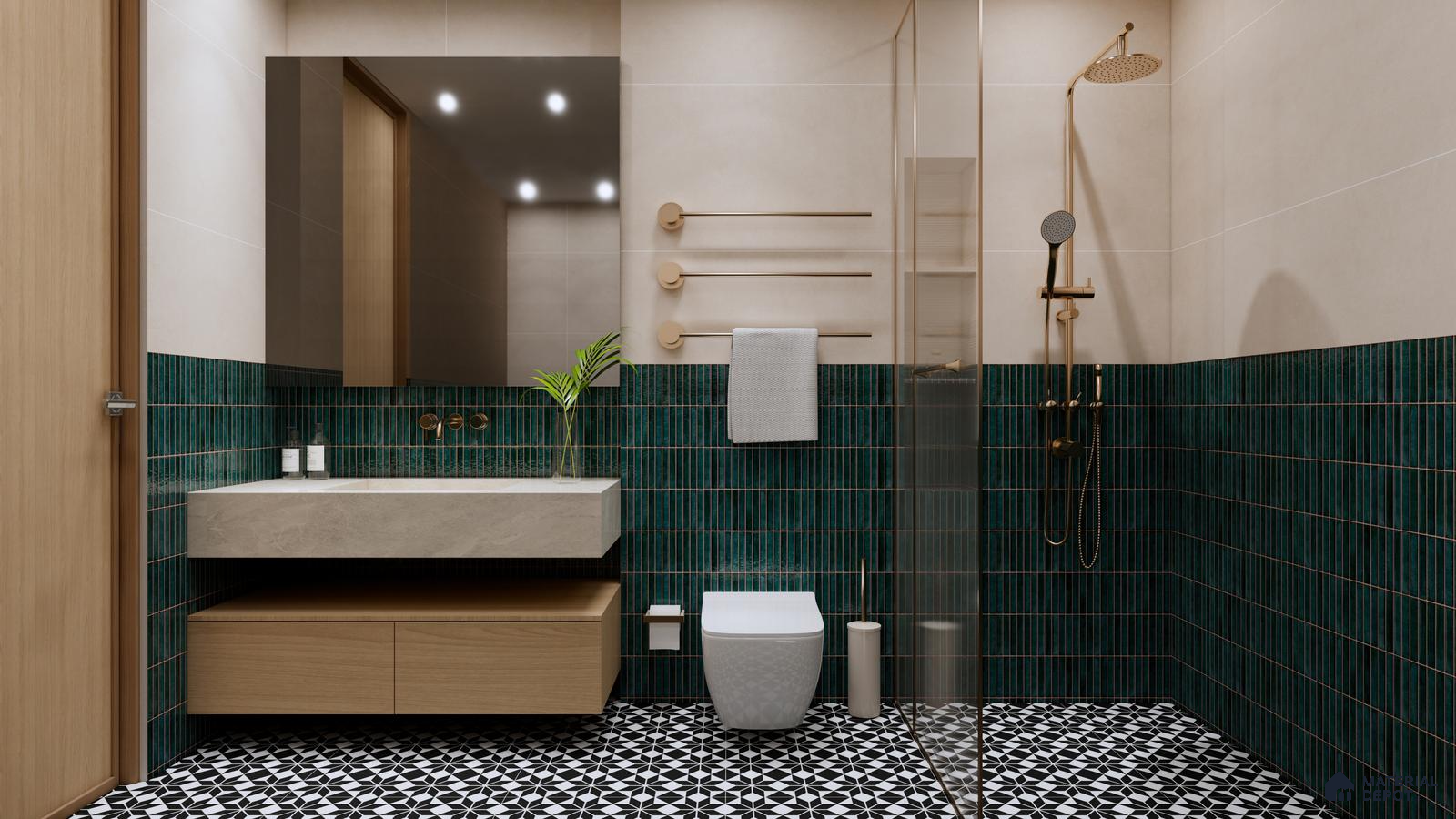 Elegant Bathroom with Teal Kit-Kat Tiles and Geometric Flooring | Material Depot