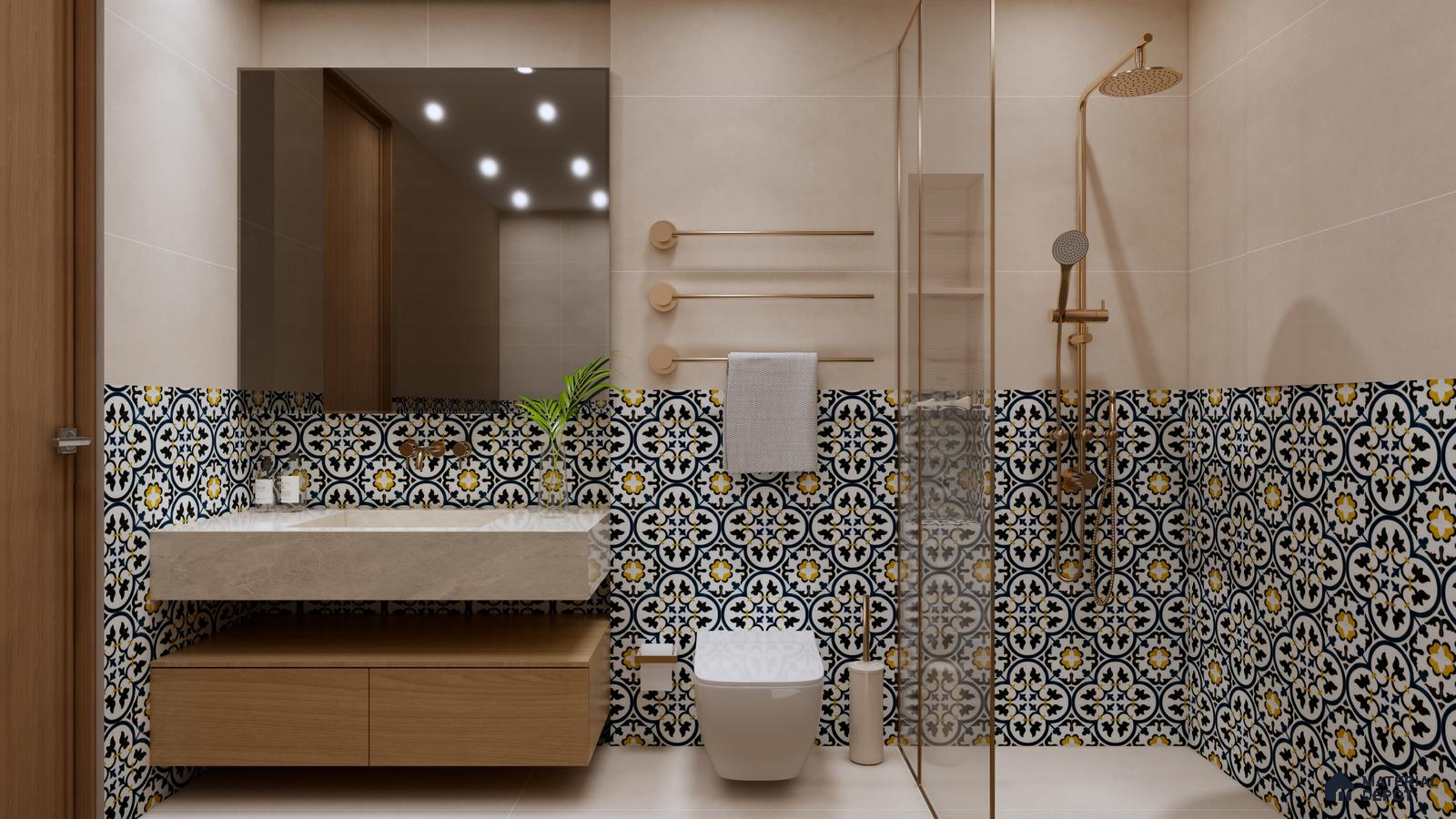 Elegant Bathroom with Vibrant Moroccan Tiles and Gold Accents | Material Depot