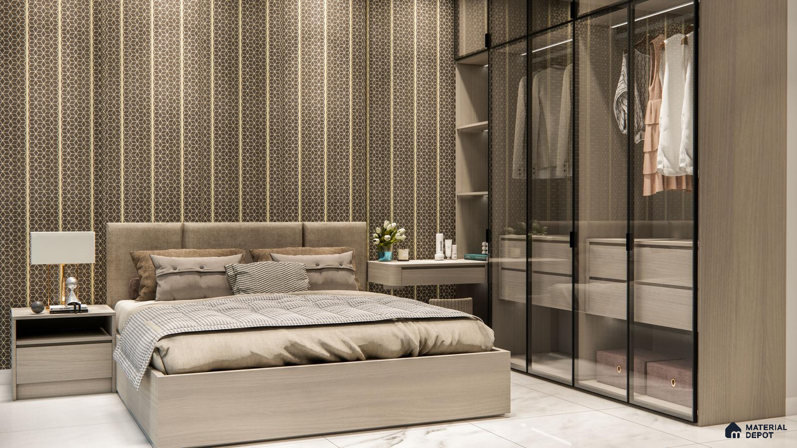 Elegant Bedroom with Geometric Fluted Panels and Glass Wardrobe | Material Depot