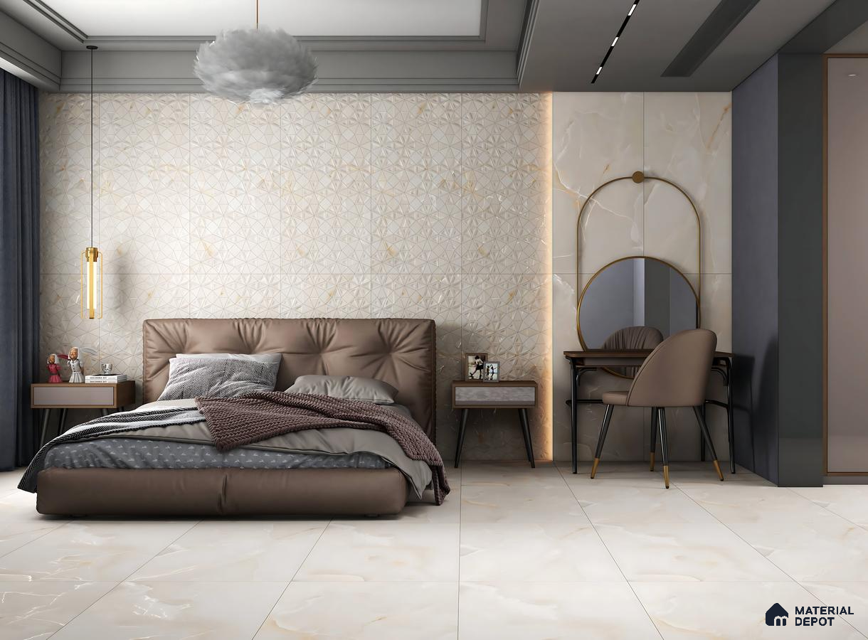 Elegant Bedroom with White 3D Geometric Accent Wall and Marble Finish Tiles – Luxury & Modern Design | Material Depot