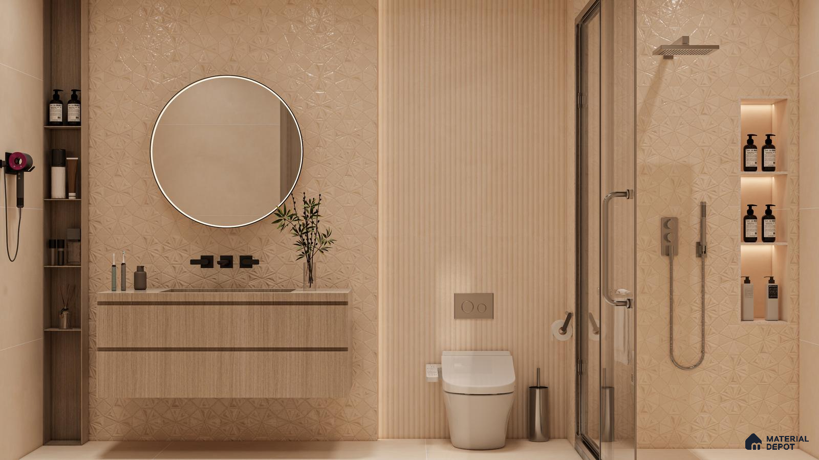 Elegant Beige Bathroom with Fluted and 3D Highlighter Tiles | Material Depot