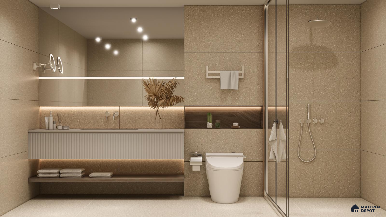 Elegant Beige Bathroom with Subtle Terrazzo Texture and Warm Accents | Material Depot