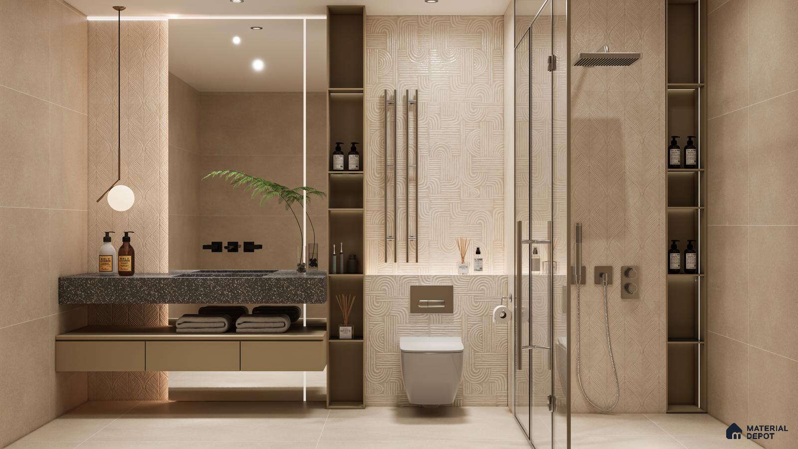 Elegant Beige Bathroom with Textured Highlighter Tiles and Terrazzo Vanity | Material Depot
