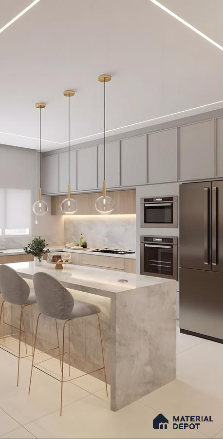Elegant Beige Kitchen With Marble Island, Glass Pendants, And Built-In Appliances | Material Depot
